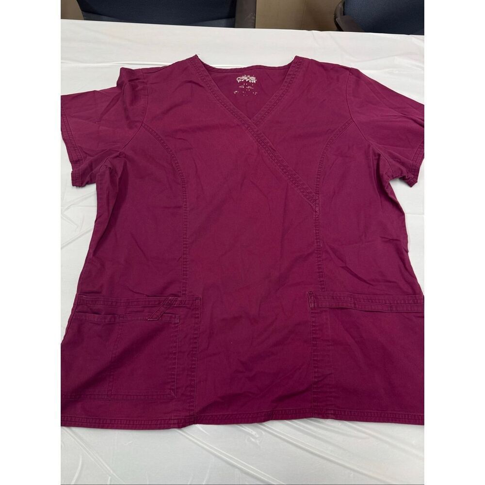 Cherokee Wine Colored Short Sleeve Mock Wrap Princess Seam Scrub Top Size XL